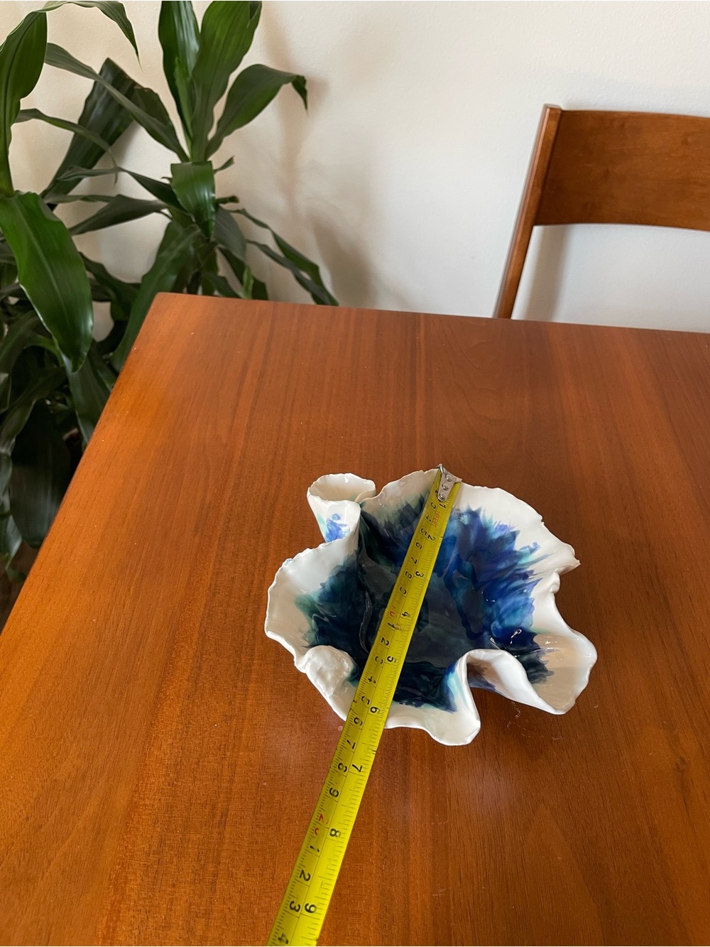 White Ceramic Decorative/ Ring Bowl with Blue Abstract Glaze - Picture 6 of 6
